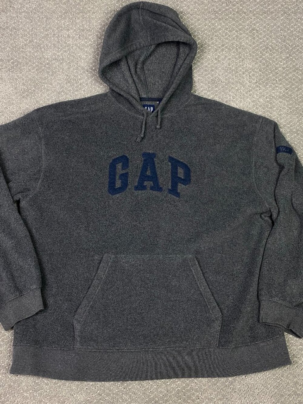 Vintage Y2K 90s GAP Fleece Hoodie Pullover Mens XXL Gray Navy Spellout 2XL